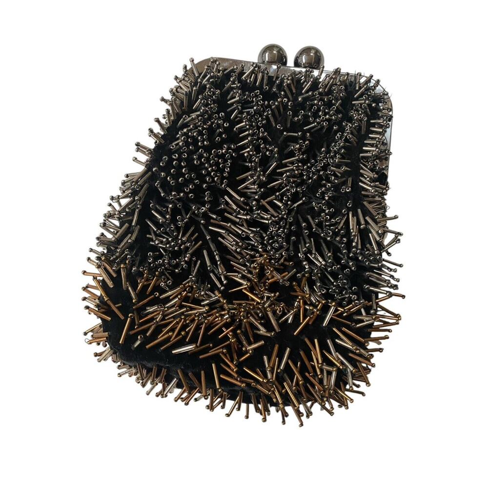 Zara Metal Spike Fringe Beaded Crossbody Bag Kiss Lock Purse Black Gold Silver
